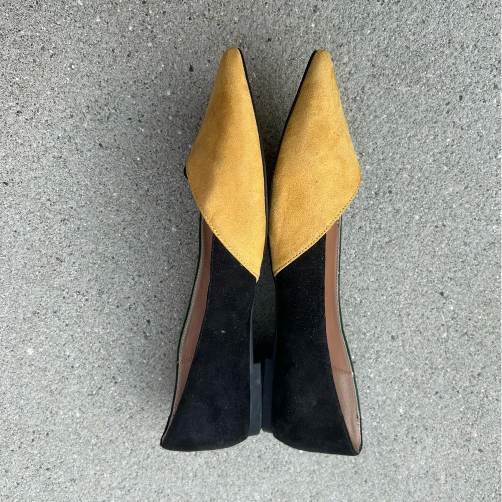 Zara Black and Green Flats with Color-Block‎ Design